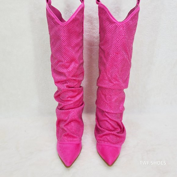 Country Twist Fuchsia Draped Rhinestone Fold Over Western Cowgirl Boots - Picture 9 of 13